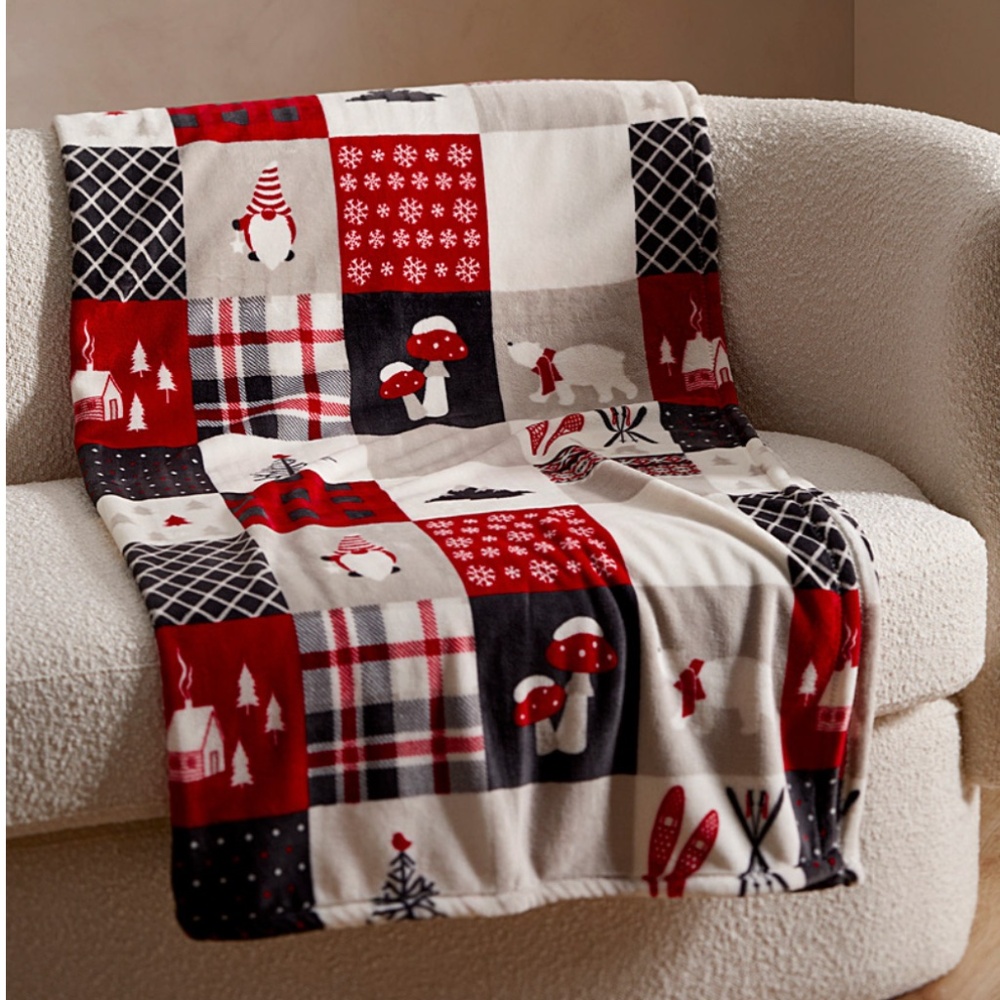 Winter check patchwork like super soft fleece throw NWT
